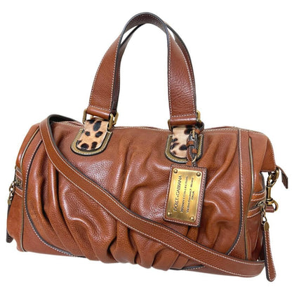 Dolce & Gabbana Boston Bag Hand Tote Purse 2way Leopard Leather Brown Authentic