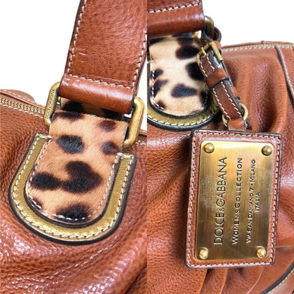 Dolce & Gabbana Boston Bag Hand Tote Purse 2way Leopard Leather Brown Authentic