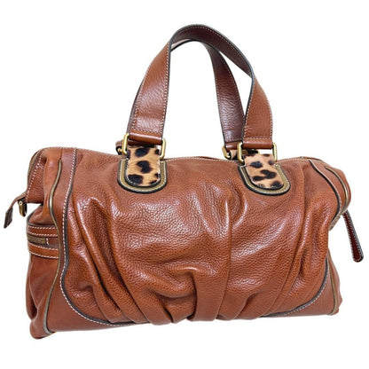 Dolce & Gabbana Boston Bag Hand Tote Purse 2way Leopard Leather Brown Authentic