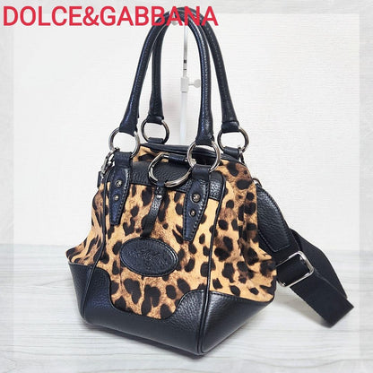 Dolce & Gabbana Shoulder Bag Purse Leopard Leather Canvas Brown Black Authentic