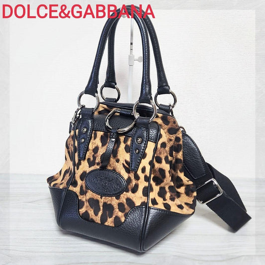 Dolce & Gabbana Shoulder Bag Purse Leopard Leather Canvas Brown Black Authentic