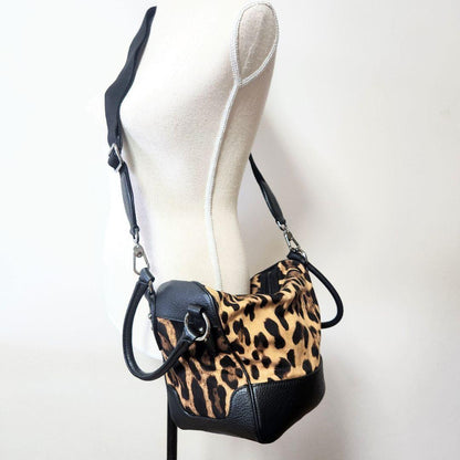Dolce & Gabbana Shoulder Bag Purse Leopard Leather Canvas Brown Black Authentic
