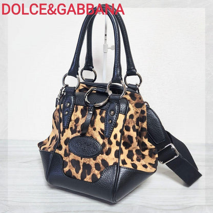 Dolce & Gabbana Shoulder Bag Purse Leopard Leather Canvas Brown Black Authentic
