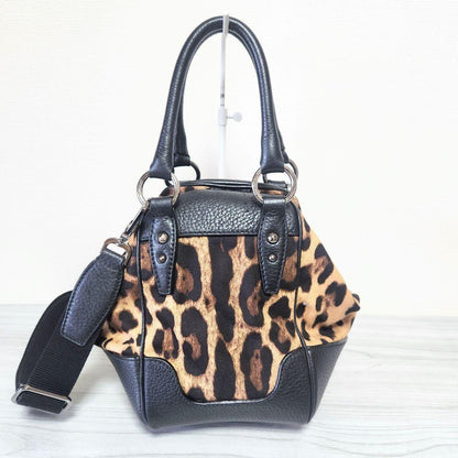 Dolce & Gabbana Shoulder Bag Purse Leopard Leather Canvas Brown Black Authentic