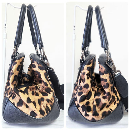 Dolce & Gabbana Shoulder Bag Purse Leopard Leather Canvas Brown Black Authentic