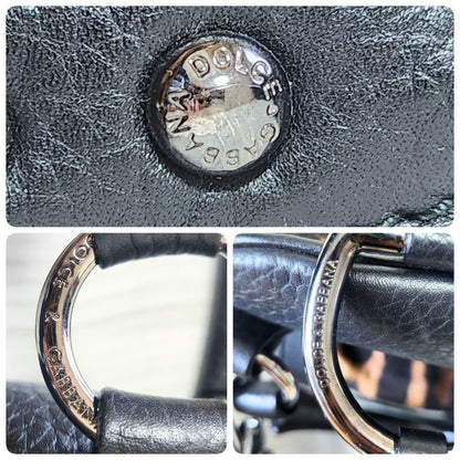Dolce & Gabbana Shoulder Bag Purse Leopard Leather Canvas Brown Black Authentic