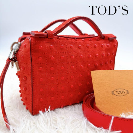 TOD'S Hand Shoulder Bag Tote Purse 2way Leather Suede Red Authentic