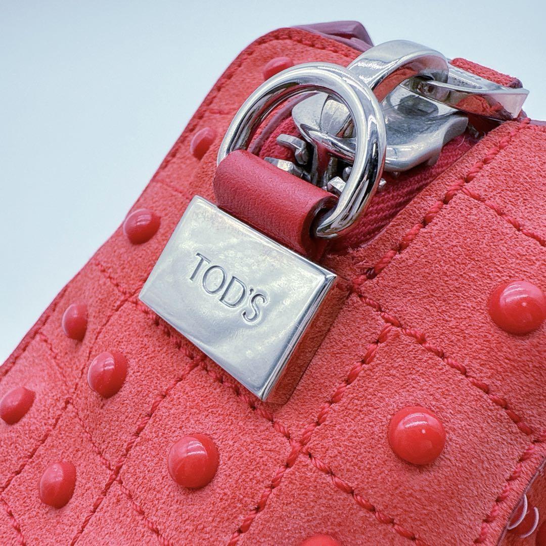 TOD'S Hand Shoulder Bag Tote Purse 2way Leather Suede Red Authentic