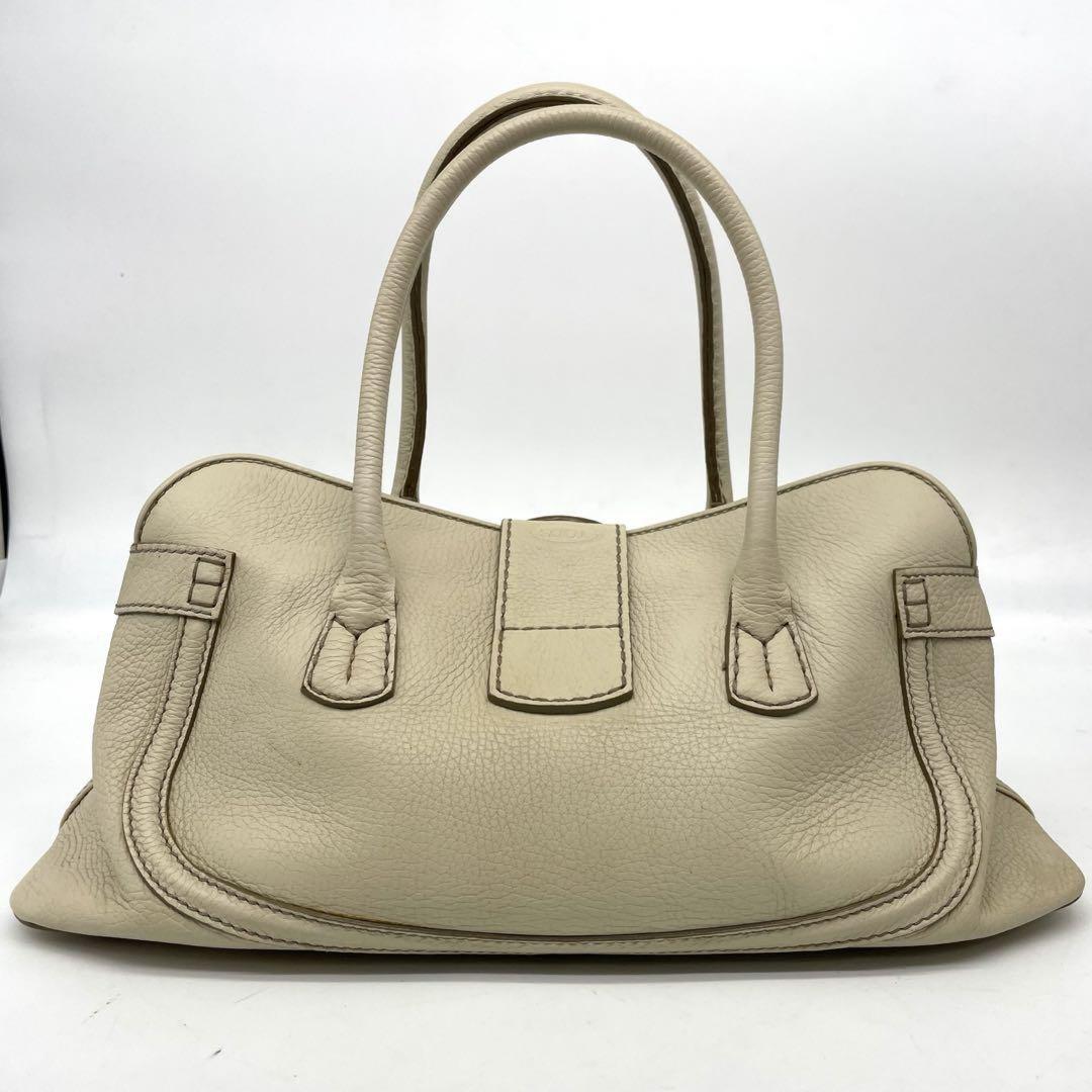 TOD'S Hand Bag Tote Purse Leather Off White Authentic