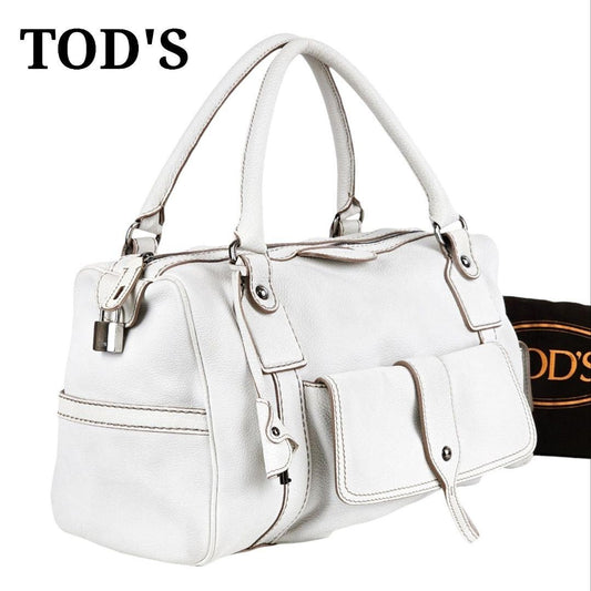 TOD'S Hand Bag Tote Purse Boston Bag Logo Leather White Authentic