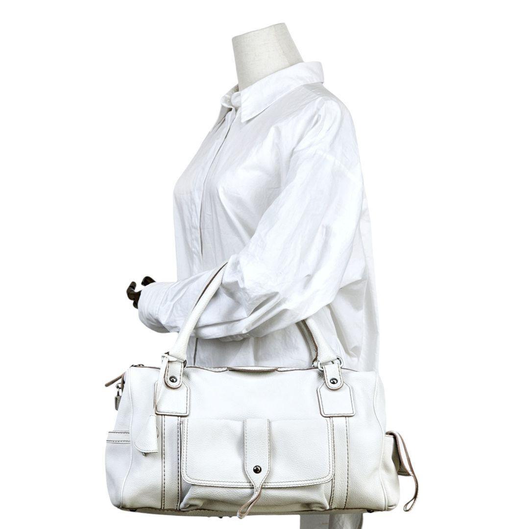 TOD'S Hand Bag Tote Purse Boston Bag Logo Leather White Authentic