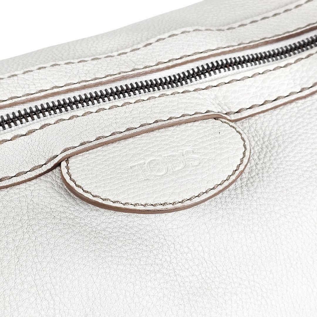 TOD'S Hand Bag Tote Purse Boston Bag Logo Leather White Authentic