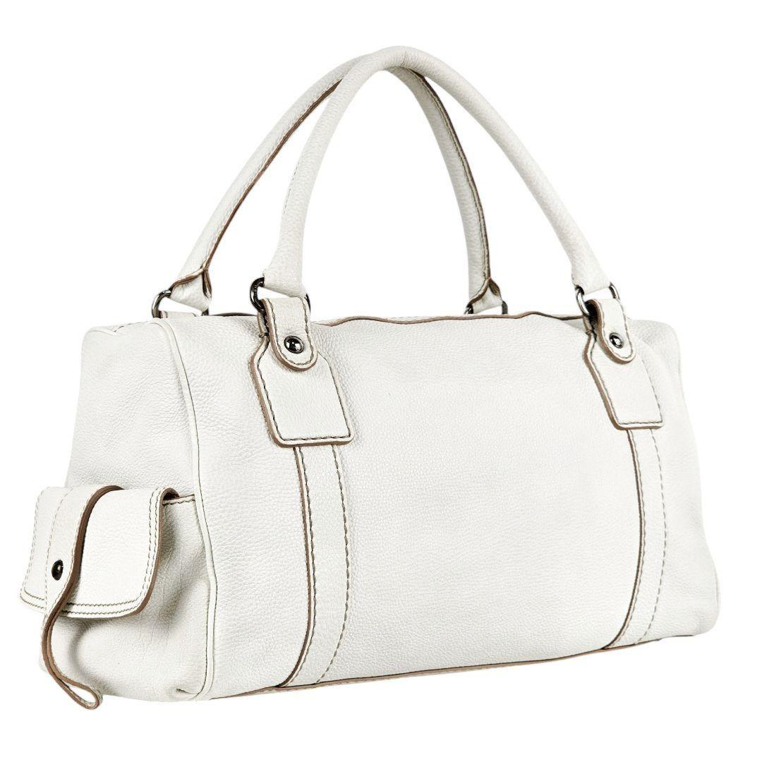 TOD'S Hand Bag Tote Purse Boston Bag Logo Leather White Authentic