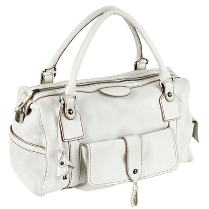 TOD'S Hand Bag Tote Purse Boston Bag Logo Leather White Authentic