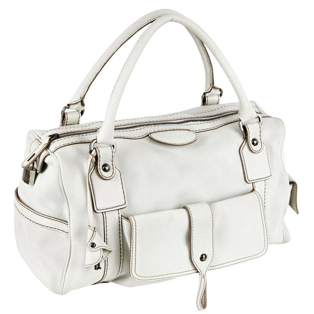 TOD'S Hand Bag Tote Purse Boston Bag Logo Leather White Authentic