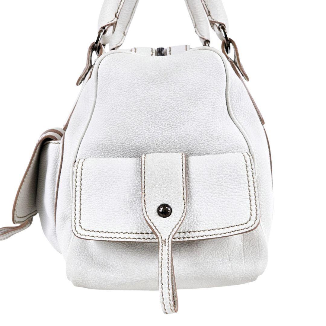 TOD'S Hand Bag Tote Purse Boston Bag Logo Leather White Authentic