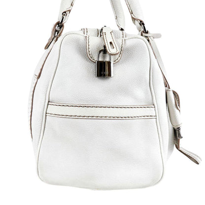 TOD'S Hand Bag Tote Purse Boston Bag Logo Leather White Authentic