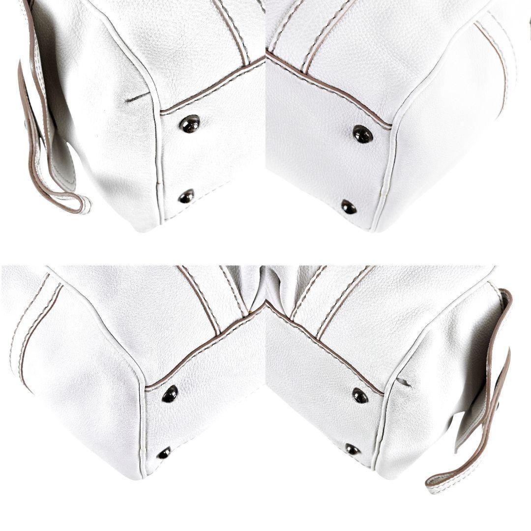 TOD'S Hand Bag Tote Purse Boston Bag Logo Leather White Authentic