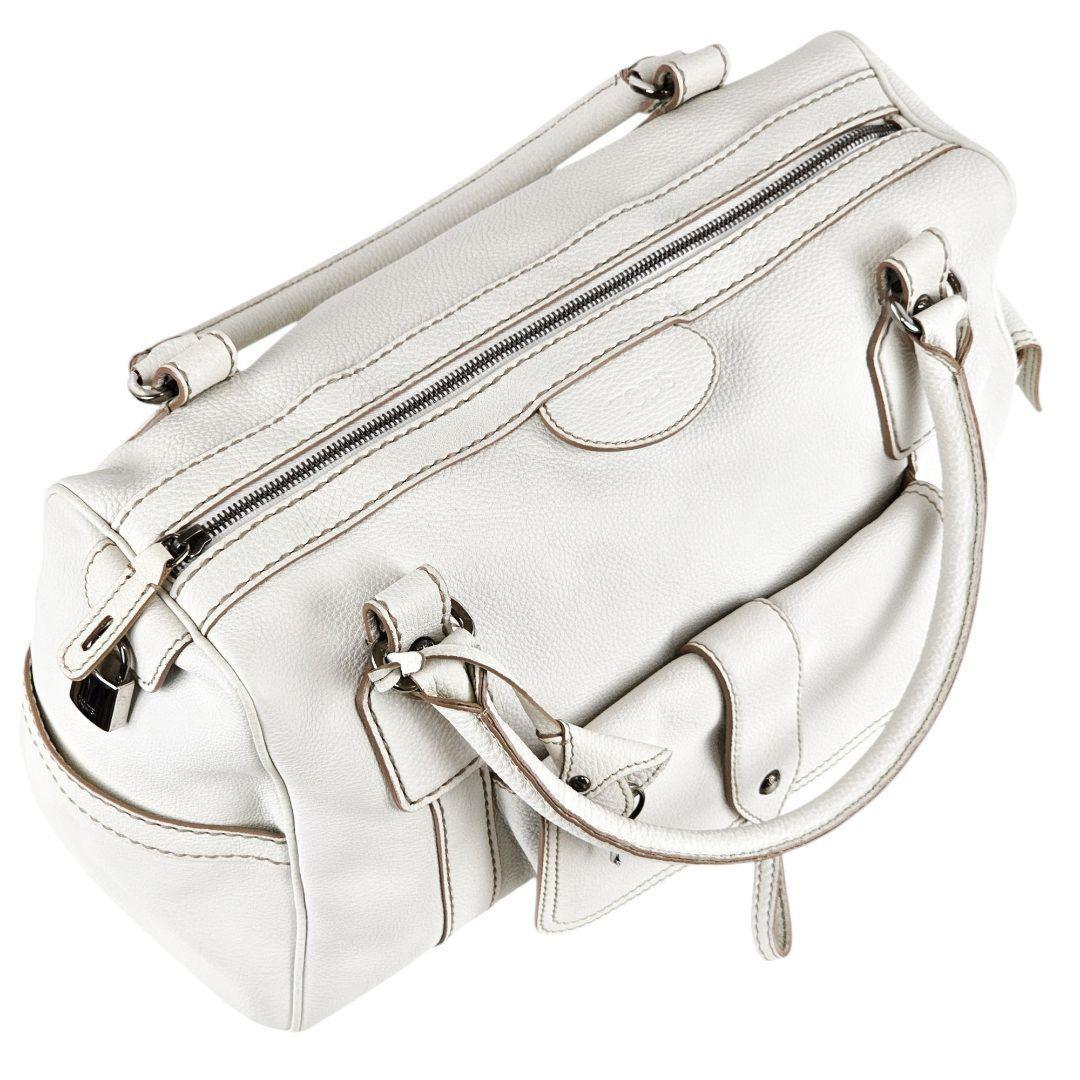 TOD'S Hand Bag Tote Purse Boston Bag Logo Leather White Authentic