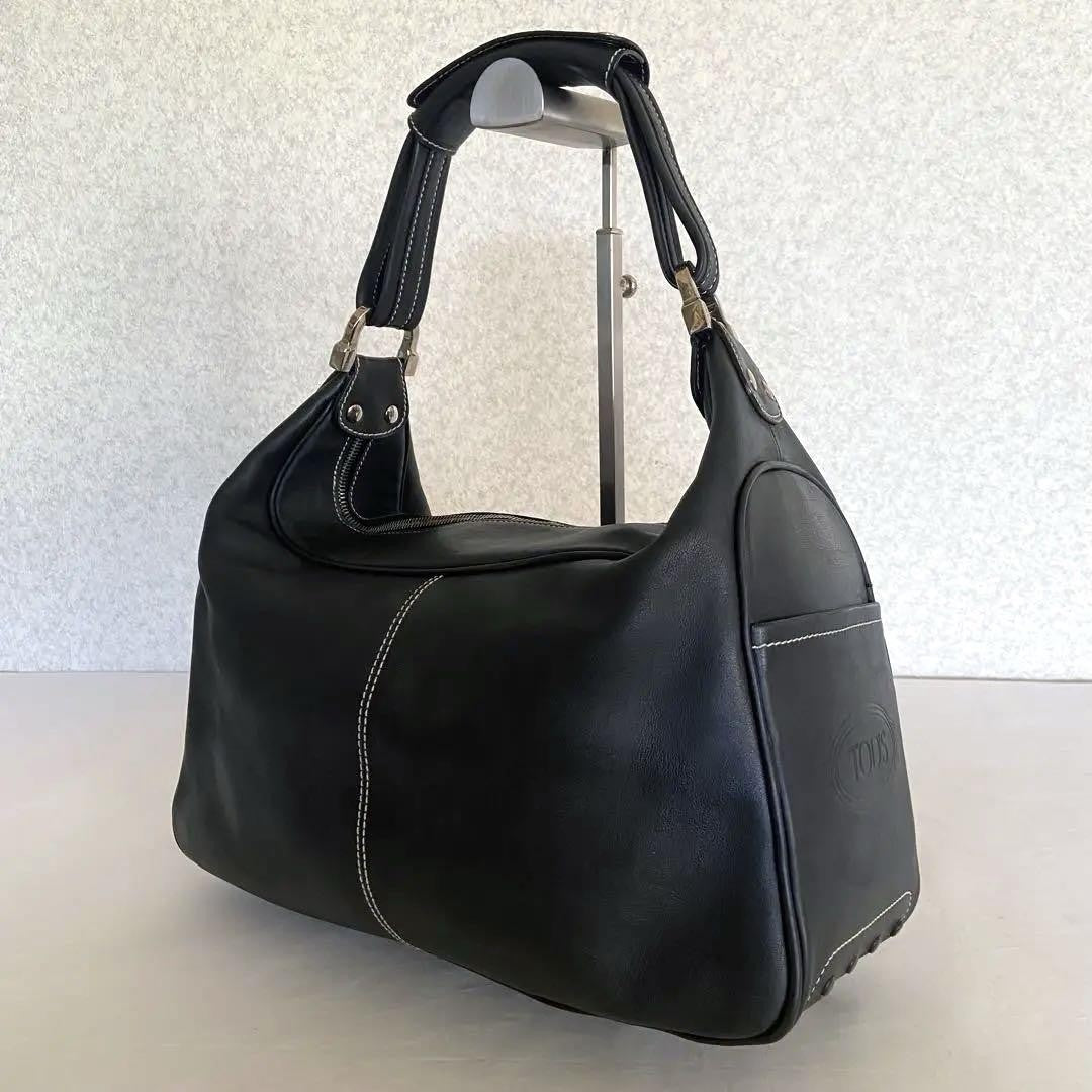 TOD'S Hand Shoulder Bag Tote Purse Logo Leather Black Authentic