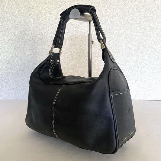 TOD'S Hand Shoulder Bag Tote Purse Logo Leather Black Authentic