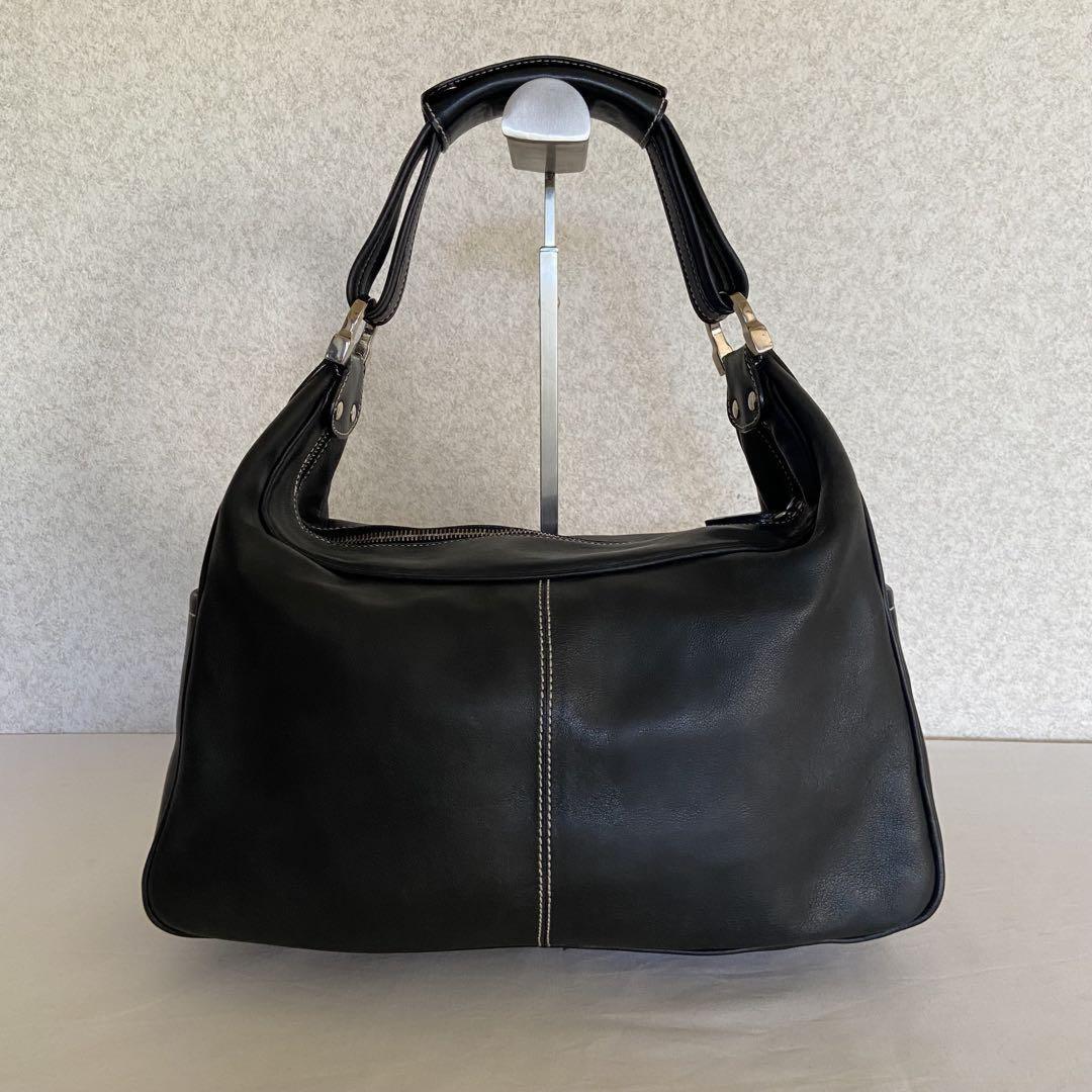 TOD'S Hand Shoulder Bag Tote Purse Logo Leather Black Authentic