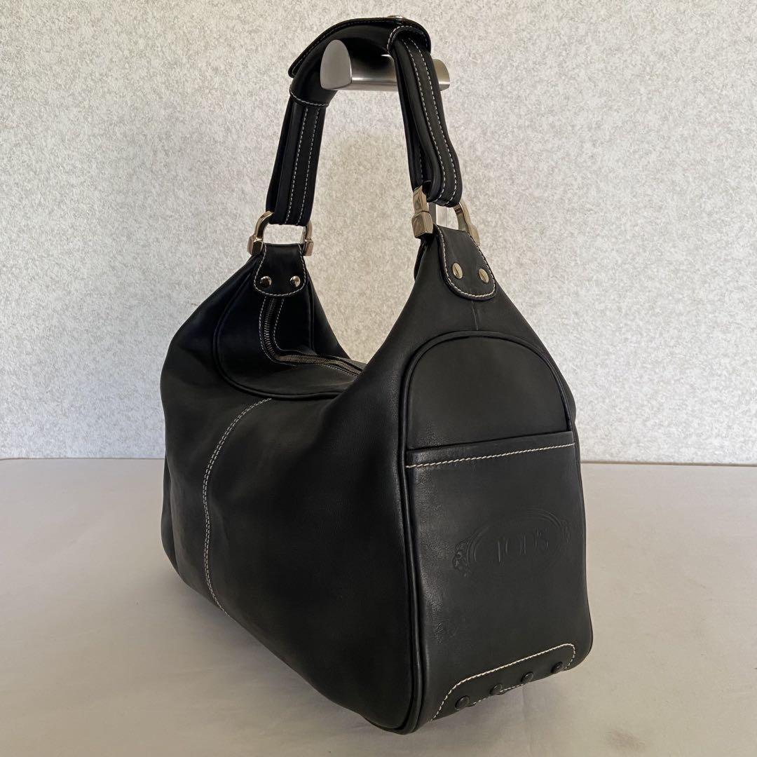 TOD'S Hand Shoulder Bag Tote Purse Logo Leather Black Authentic