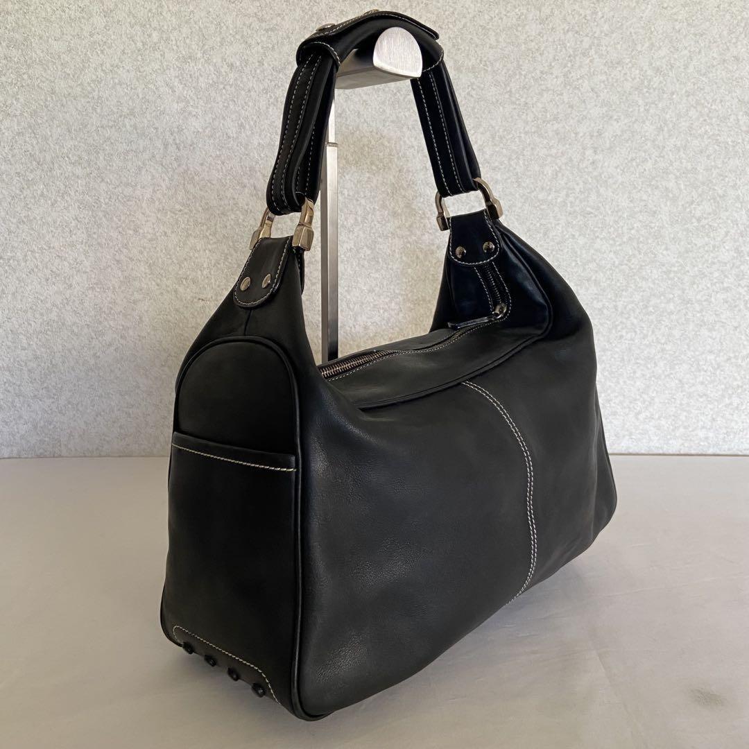 TOD'S Hand Shoulder Bag Tote Purse Logo Leather Black Authentic