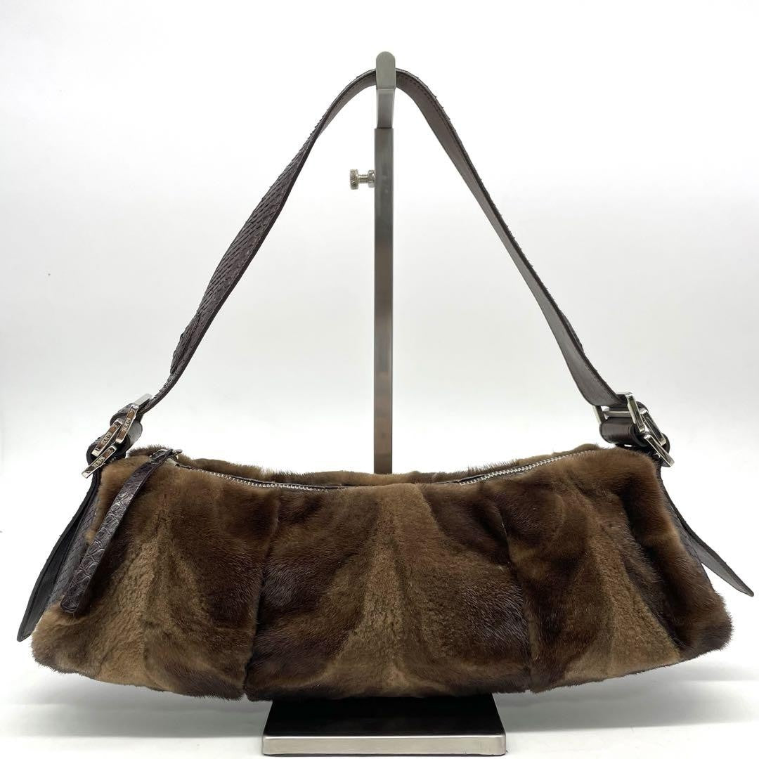 TOD'S Shoulder Bag Purse Fur Leather Brown Authentic