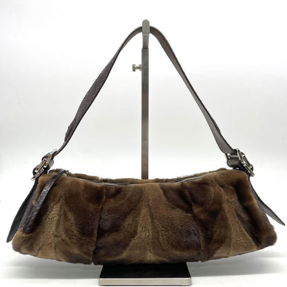 TOD'S Shoulder Bag Purse Fur Leather Brown Authentic