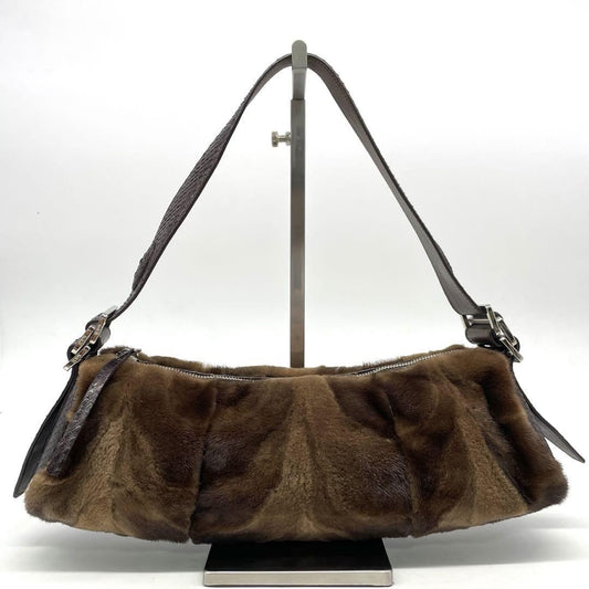 TOD'S Shoulder Bag Purse Fur Leather Brown Authentic