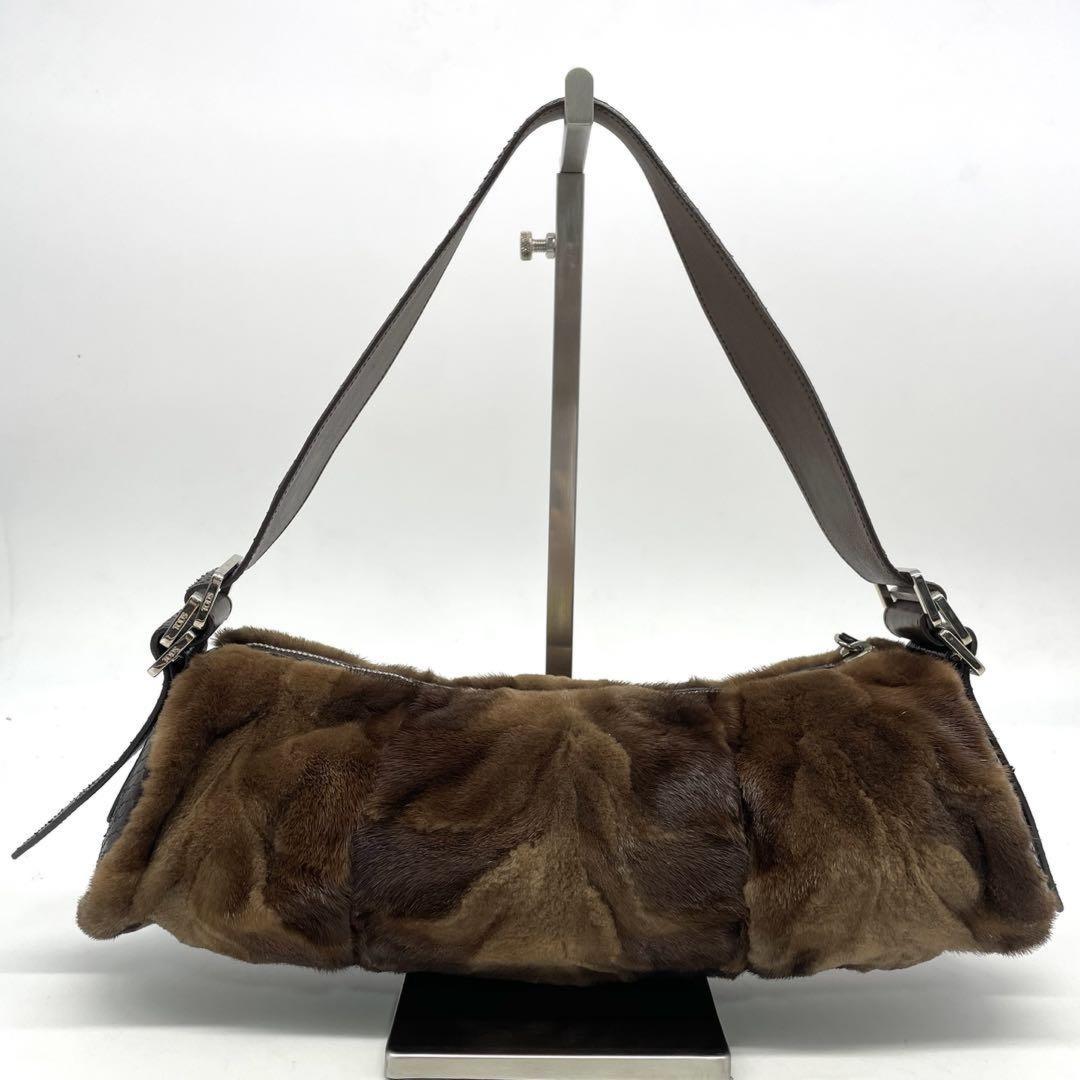 TOD'S Shoulder Bag Purse Fur Leather Brown Authentic