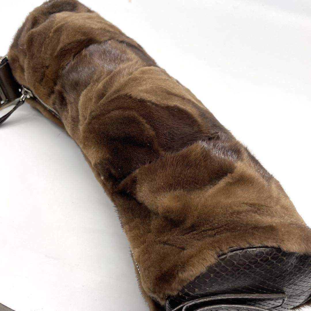 TOD'S Shoulder Bag Purse Fur Leather Brown Authentic