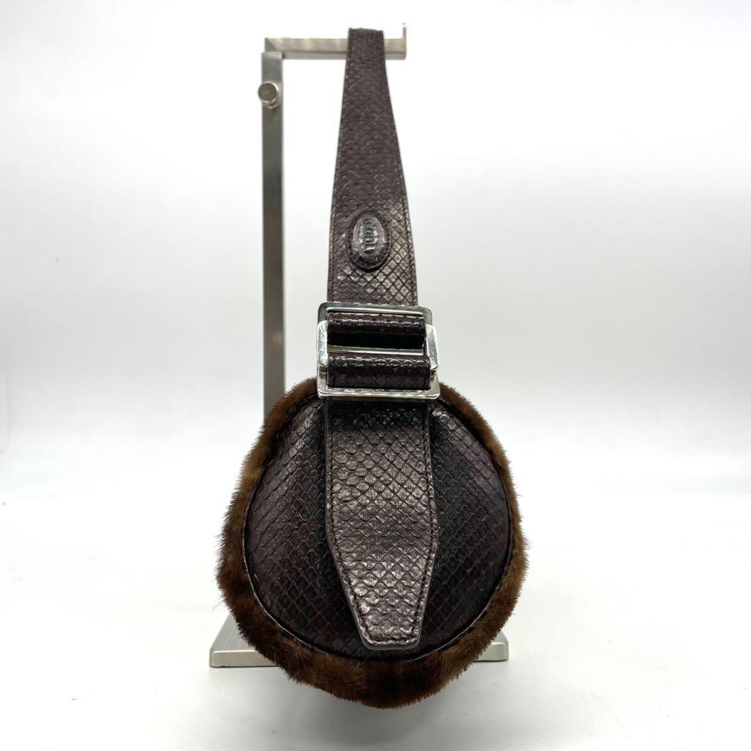 TOD'S Shoulder Bag Purse Fur Leather Brown Authentic