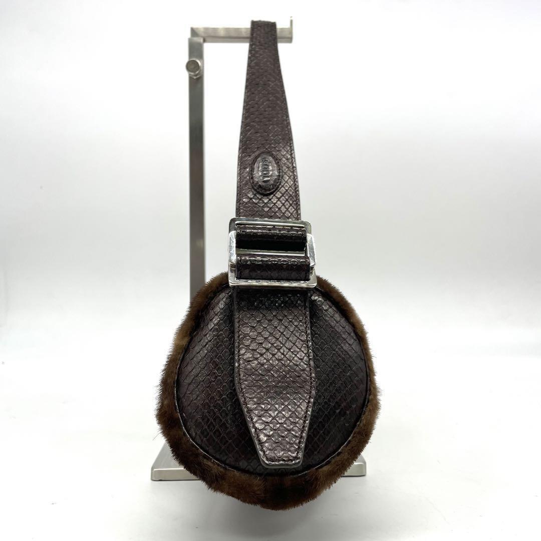 TOD'S Shoulder Bag Purse Fur Leather Brown Authentic
