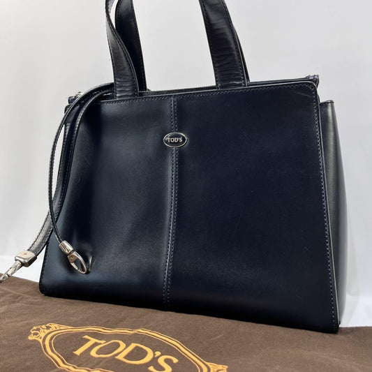 TOD'S Hand Shoulder Bag Tote Purse 2way Leather Navy Authentic