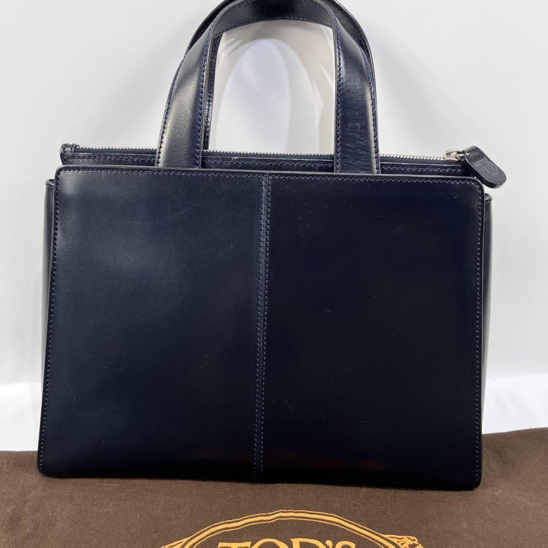 TOD'S Hand Shoulder Bag Tote Purse 2way Leather Navy Authentic