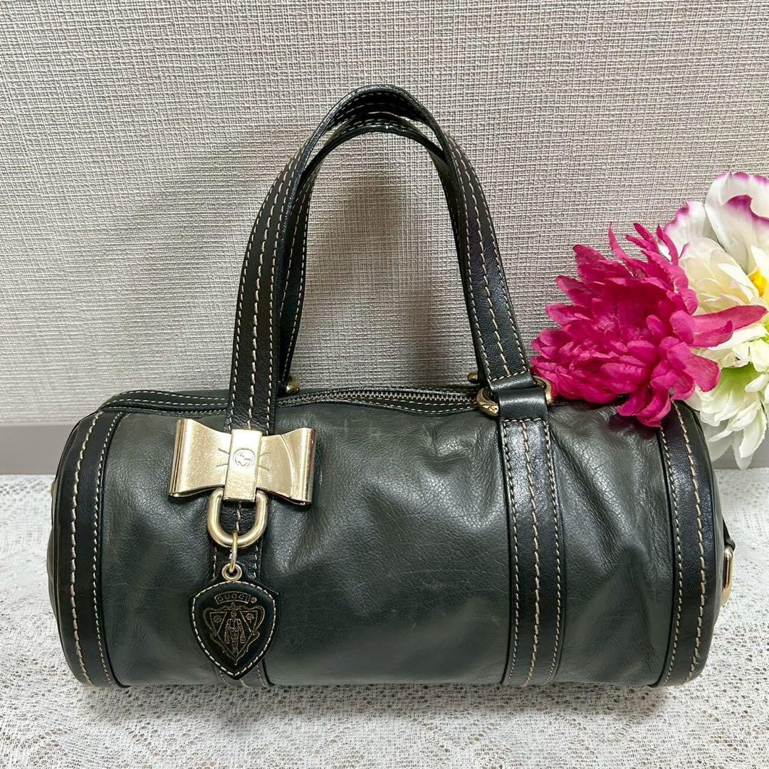 GUCCI Hand Bag Tote Purse Ribbon Leather Dark Green Black Authentic