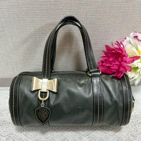 GUCCI Hand Bag Tote Purse Ribbon Leather Dark Green Black Authentic