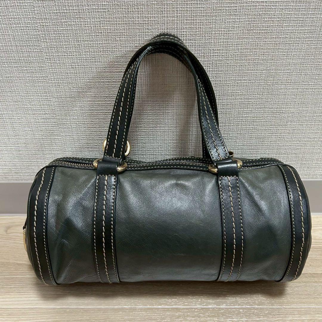GUCCI Hand Bag Tote Purse Ribbon Leather Dark Green Black Authentic