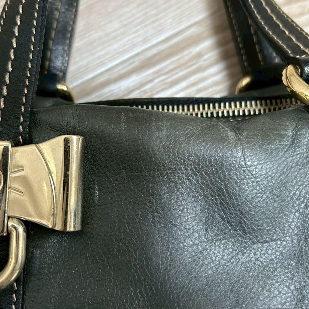 GUCCI Hand Bag Tote Purse Ribbon Leather Dark Green Black Authentic