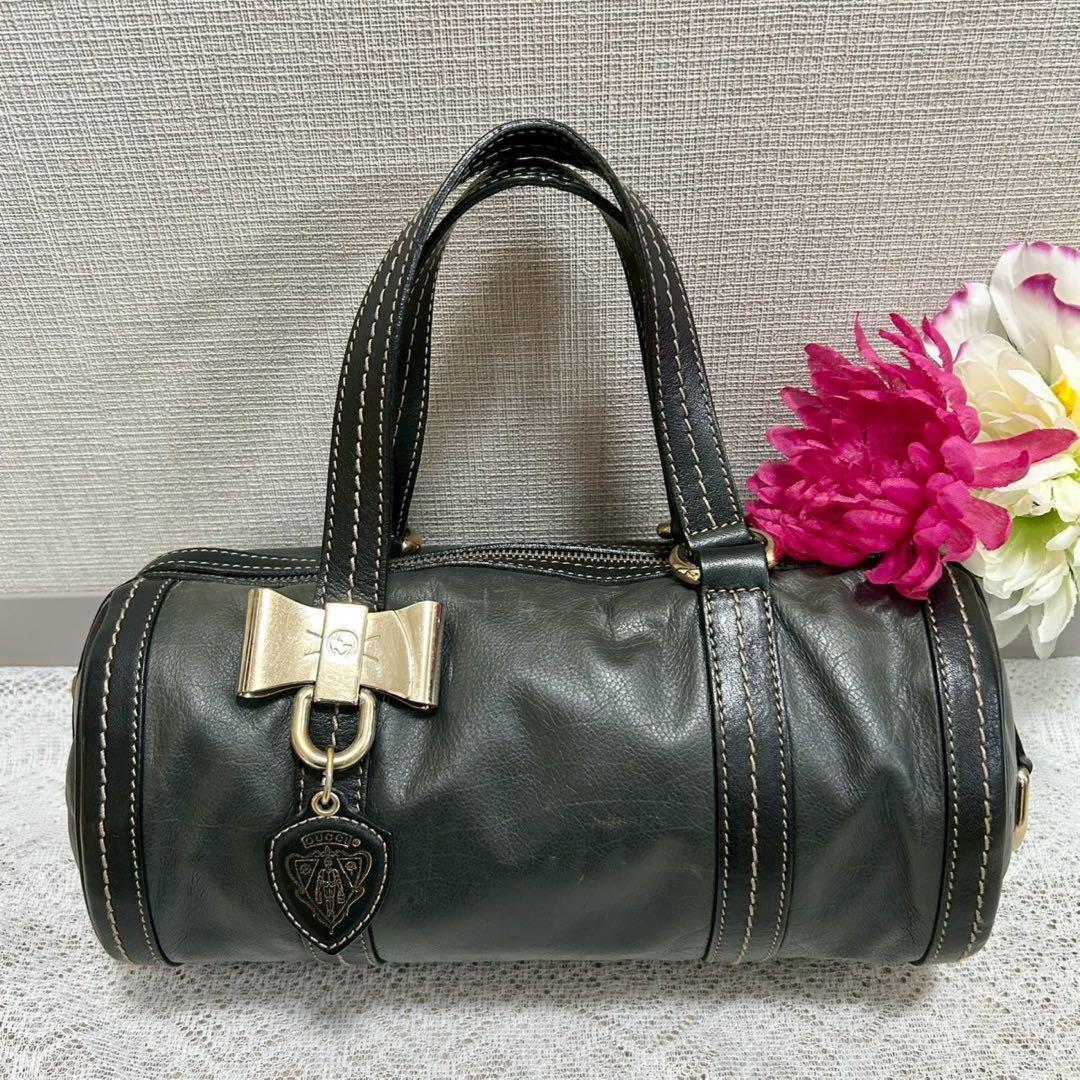 GUCCI Hand Bag Tote Purse Ribbon Leather Dark Green Black Authentic