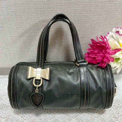 GUCCI Hand Bag Tote Purse Ribbon Leather Dark Green Black Authentic