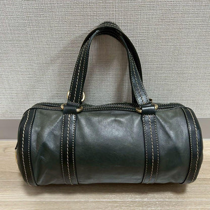 GUCCI Hand Bag Tote Purse Ribbon Leather Dark Green Black Authentic