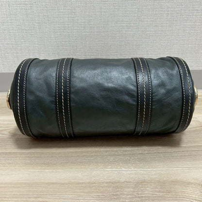 GUCCI Hand Bag Tote Purse Ribbon Leather Dark Green Black Authentic