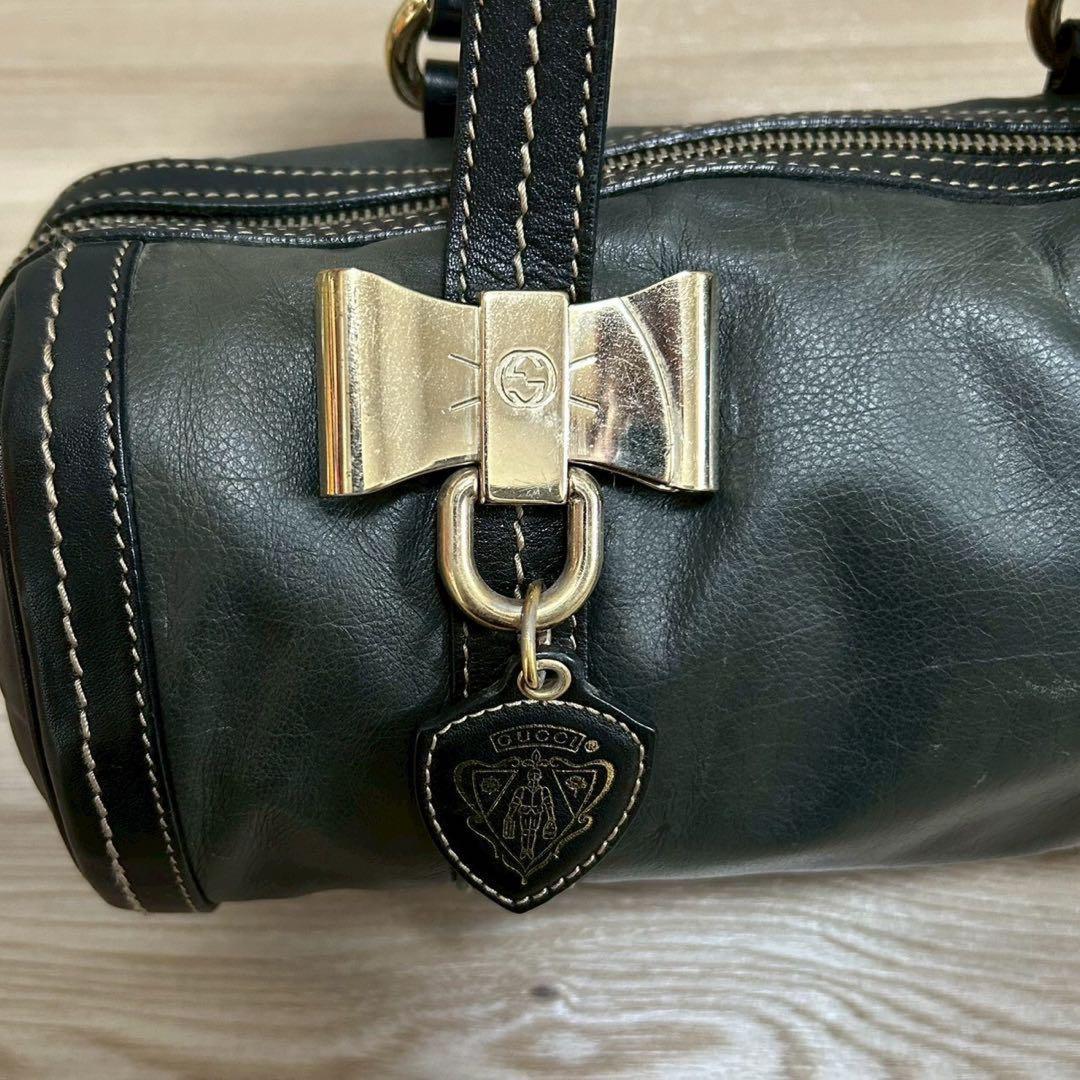 GUCCI Hand Bag Tote Purse Ribbon Leather Dark Green Black Authentic