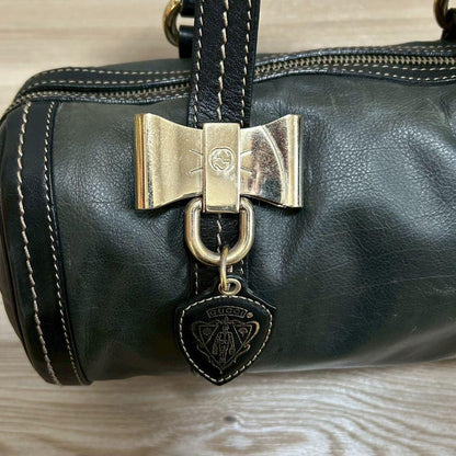 GUCCI Hand Bag Tote Purse Ribbon Leather Dark Green Black Authentic