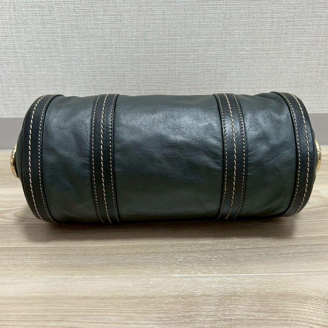 GUCCI Hand Bag Tote Purse Ribbon Leather Dark Green Black Authentic