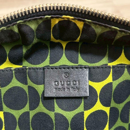 GUCCI Hand Bag Tote Purse Ribbon Leather Dark Green Black Authentic