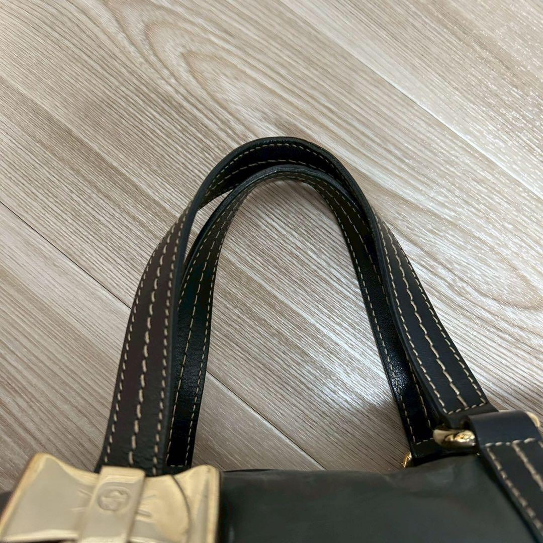GUCCI Hand Bag Tote Purse Ribbon Leather Dark Green Black Authentic